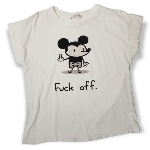 Firstage SRL Tops - White Short Sleeve Graphic Tee With Mouse Flipping The Bird Fuck Off